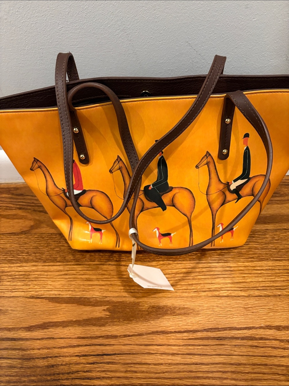 GiGi New York Yellow Equestrian Rider Print Tote with Brown Handles